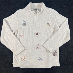 Northern Reflections Fleece Pullover Womens Medium Cream Embroidered Leaf 90s